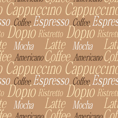 Coffee seamless pattern design. Decorate text in brown colors.