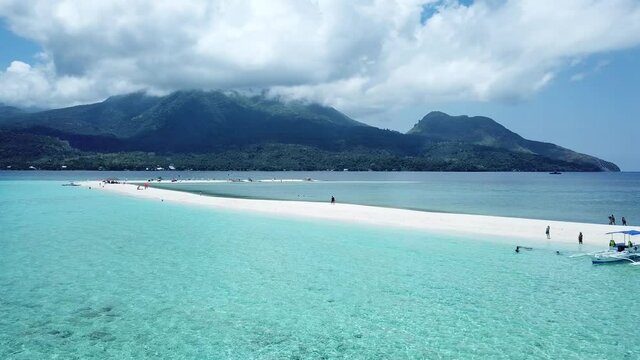 Amazing Drone Shot of Camiguin Island Camiguin Northern Mindanao Philippines, Tropical Country, Sandbar, View of the sea and Mountains, Blue Sky, Active Volcano Island, Beach