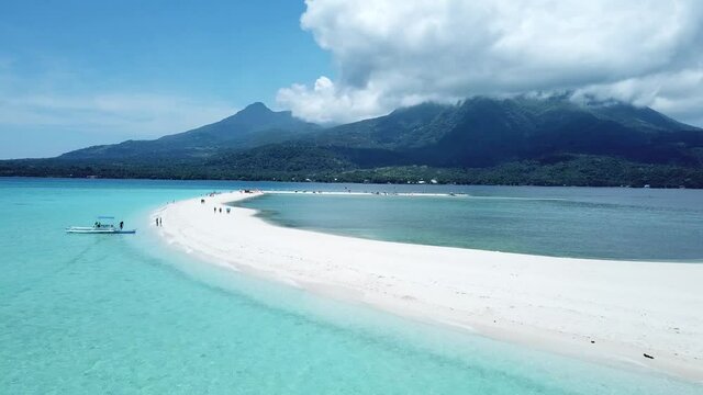 Amazing Drone Shot of Camiguin Island Camiguin Northern Mindanao Philippines, Tropical Country, Sandbar, View of the sea and Mountains, Blue Sky, Active Volcano Island, Beach