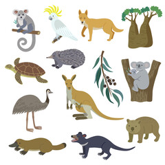 Big set of Nature of Australia, animals, birds, turtle and plants. Vector cartoon clip art hand drawn illustration, isolated on white background.