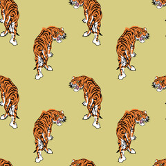 Obraz premium Tiger animal on white background. Brush stroke effect. Use it for card, poster or package print design. Vector illustration.