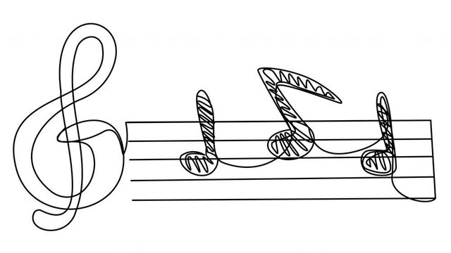 One line music symbols animation on white screen. Treble clef and notes. Stock video of academic music with alpha channel. Whiteboard presentation with vocal illustrations. Note row.