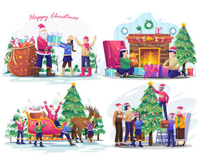 Set of Christmas concept illustration with Santa Claus and family with their children celebrates holiday Christmas and new year. Flat vector illustration