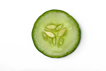 One slice of cucumber for fresh vegetables, isolated on white background
