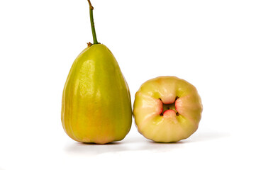 Two ripe and ready-to-eat rose apples, known as Jambu Madu Deli, has green colour and has a very sweet taste. This species comes from Deli Indonesia.