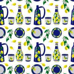 Crockery pattern with Italian design from lemons. A jug and a decanter with cups for limoncelo. Vector illustration. For restaurants and cafes, packaging and prints, fabrics, brochures and menus