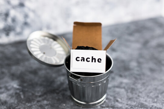 online privacy and stored information, metaphor of box with Cache label thrown into recycle bin