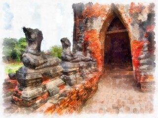 Fototapeta na wymiar Ancient architecture of Thailand watercolor style illustration impressionist painting.