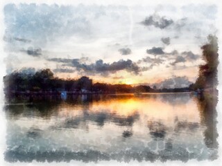 landscape of swamp at sunset watercolor style illustration impressionist painting.