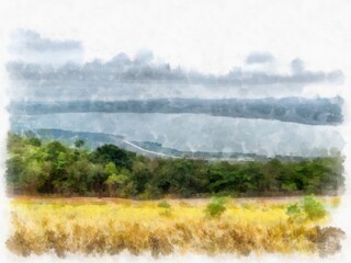 mountain lake landscape watercolor style illustration impressionist painting.