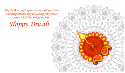 Happy Diwali with oil lamp (diya) and mandala in background with quote for wallpaper.