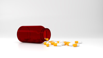 White and yellow pill capsule and red glass pill bottle on white background. 3d rendering.