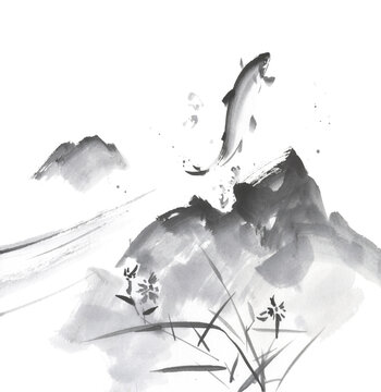 飛び跳ねる鮎　背景に岩と花　墨絵イラスト