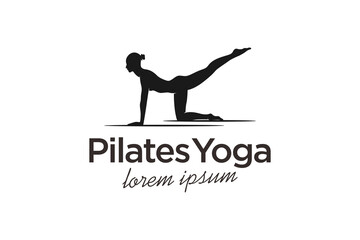 Pose Pilates Logo Yoga Woman Silhouette , Girl with Beauty Body Hair and Face at gym logo design