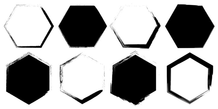 Retro hand drawn pattern with black brush hexagons.Vector illustration. Stock image.