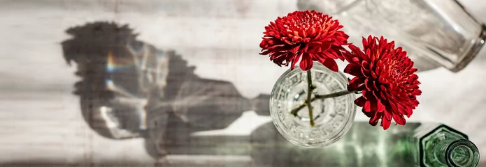 Deurstickers 窓辺のテーブルの上のグラス、赤いダリア。 © hanahal