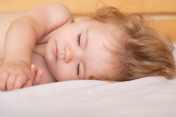 Baby sleeping in the bed. Healthy child sleep. Adorable small kids rest asleep enjoy good healthy peaceful sleep or nap.