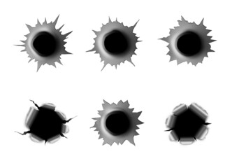 Realistic bullet holes, gun shots, metal round cracks with torn edges. 3d vector gunshot, criminal shoot marks isolated on white background. Pistol or riffle weapon circular breaks, destruction © Vector Tradition