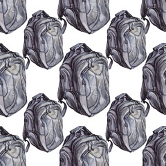 Fototapeta na wymiar Seamless pattern watercolor black army military tourism backpack on white background. Back to school. Hand-drawn art for travel, picnic, sticker, wallpaper, card, wrapping, wallpaper