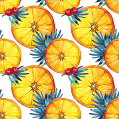 Christmas seamless pattern watercolor background. Citrus fruit slice orange or lemon, red berries, green blue branch pine tree on white. Hand-drawn food and toy for menu, new year, wrapping