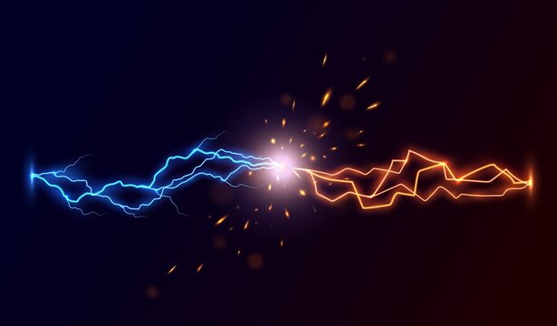 Realistic Lightning Thunderbolt Against Short Circuit. Plasma Exposing After Two Electricity Discharges Clash. Flying Vector Sparks And Flaming Particles, Bright Flash Of Light After Lightning Strike