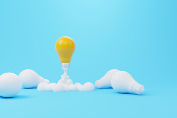 Creative thinking ideas and innovation concept. Rocket light bulb flying on group of another lightbulb. 3d render illustration