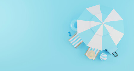 Top view blue luggage, suitcase, travel bag, hat, sunglasses, beach ball, beach umbrella and beach chair on blue background. Summer travel and holiday concept. 3d illustration