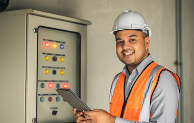 Young asian engineer working at electric cabinet checking and maintenance for the safety. Worker...