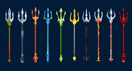 Fantasy magic tridents game weapon asset. Poseidon god, gladiator warrior, devil or demon golden, silver and red pitchfork weapon cartoon vector GUI icons. Fairytale spear or magic lance artifact set - obrazy, fototapety, plakaty