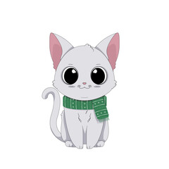 Ręcznie rysowany uroczy mały biały kotek w zielonym szaliku. Wektorowa ilustracja zadowolonego, siedzącego kota. Słodki, chętny do zabawy zwierzak. Kot gotowy na zimę. - obrazy, fototapety, plakaty