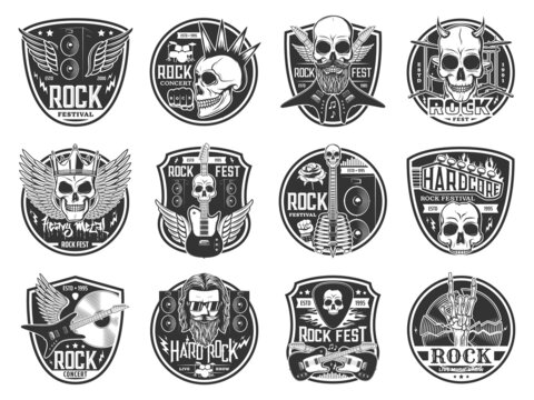 Hard rock and heavy metal music festival concert icons. Isolated vector skulls, rocker musician guitar, drums, loudspeakers and skeleton rock n roll horn, mohawk, beard, lightnings, flames and wings