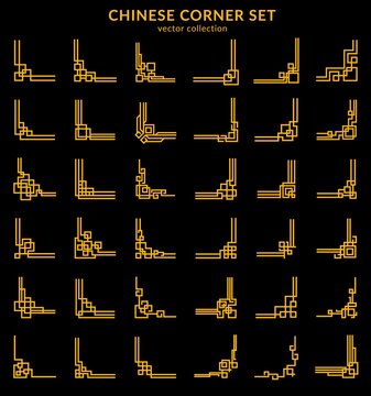 Asian chinese golden frame corners and dividers, oriental ornaments. Gold knots embellishments vector set. Decorative borders, Feng Shui traditional elements, geometric ornamental corners