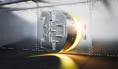 Open Bank vault door with gold light comes out from inside