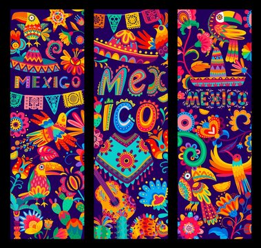 Mexican banners with sombrero, poncho and guitar, parrot and toucan, flowers and cactus, vector. Mexico alebrije craft art or papel picado pattern for Mexican fiesta, birds, chameleons and skulls