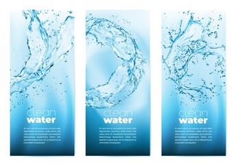 Clean water banners with realistic transparent blue water splashes. Pure fresh water vertical banners with blue aqua swirls, 3d vector falling clean liquid droplets, splashes and ripples