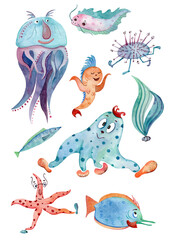 Hand drawn watercolor illustration of underwater world. 
Cartoon sea animals on white background