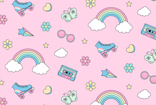 seamless pattern with 90's style illustrations for banners, cards, flyers, social media wallpapers, etc.