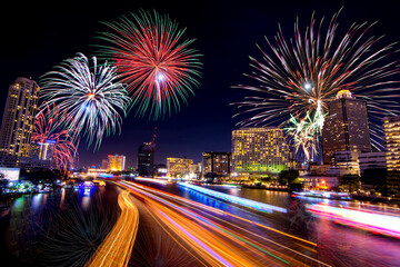 colorful fireworks on cityscape in the night as beautiful background concept,Happy New Year