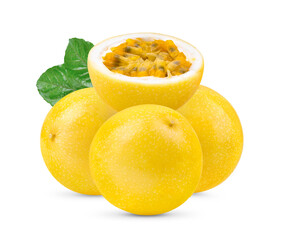 Yellow passion fruit with leaves isolated on white