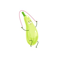 Cartoon squash jumping on rope vector icon, funny sportsman vegetable character workout, sport exercises. Healthy food sports lifestyle, organic veggies symbol isolated on white background
