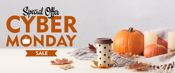 Autumn composition with cup of coffee and text CYBER MONDAY SALE SPECIAL OFFER on light background