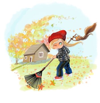 Ni&ntilde;a barriendo, Hojas de oto&ntilde;o, ni&ntilde;a con viento, ni&ntilde;a con ardilla, hojas de oto&ntilde;o al viento