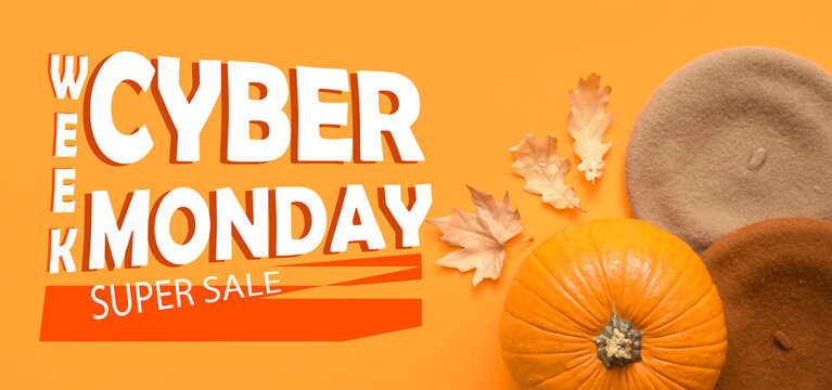 Stylish berets and autumn pumpkin with text CYBER MONDAY WEEK SUPER SALE on orange background