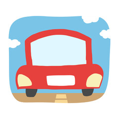 赤い車　車道を走るイラスト　青空と車道