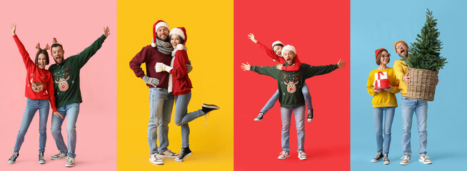 Set of young couple in stylish Christmas clothes on color background