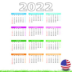 Calendar 2022 template on a white background. Week starts on Sunday, holidays in red colors. Vector illustration.