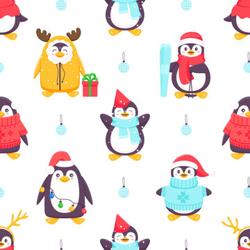 Penguins seamless pattern. Cartoon penguins in various poses and emotions. Vector cute winter illustration blue background. Merry Christmas and Happy New Year seamless pattern with penguins in vector