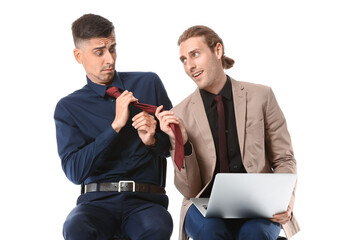 Man harassing his male colleague on white background