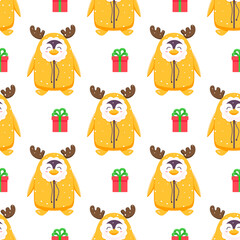 Penguins seamless pattern. Cartoon penguins in various poses and emotions. Vector cute winter illustration blue background. Merry Christmas and Happy New Year seamless pattern with penguins in vector
