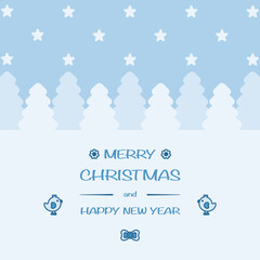 Cute Christmas card. Night background. Star,  Christmas tree, landscape. Merry Christmas, Happy New Year text. Cute vector illustration design.